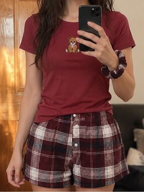 Women’s Burgundy Teddy Tee & Plaid Lounge Shorts Pajama Set